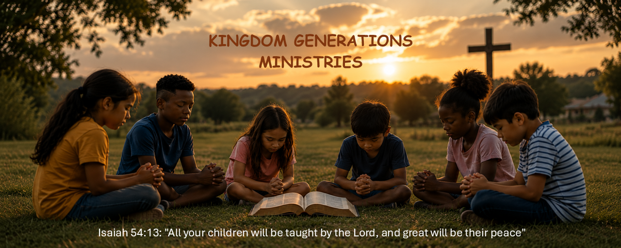 Children gathered in prayer around an open Bible at sunset, with a cross in the background.